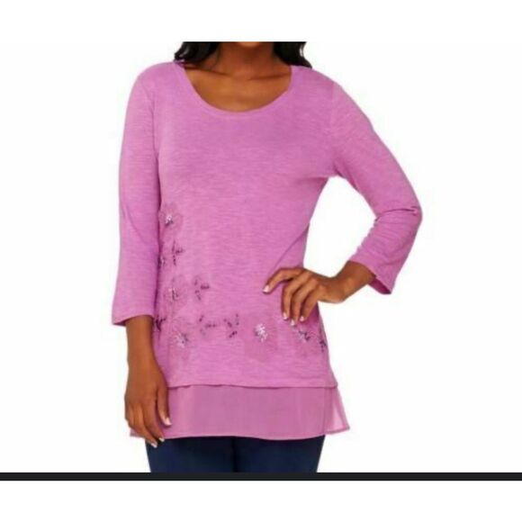 Logo Lori Goldstein L 3D beaded tunic tshirt - Picture 1 of 9